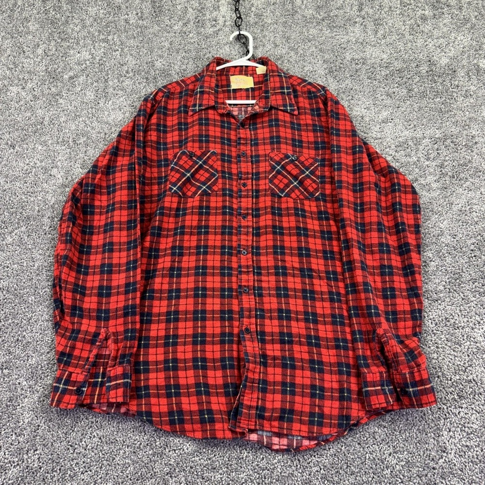Vtg Work N Sport Shirt Mens XXLT Red Plaid Flannel Long Sleeve Button Up